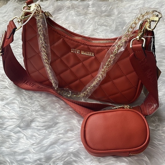 Brand New Steve Madden Quilted Stitch Orange Zip Crossbody Purse Gold Tone Chain - Picture 13 of 15